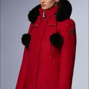 Moose Knuckles Sterling parka in red with black fur. Size medium